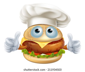 A fun cartoon chef hamburger character wearing a chef hat and doing a thumbs up