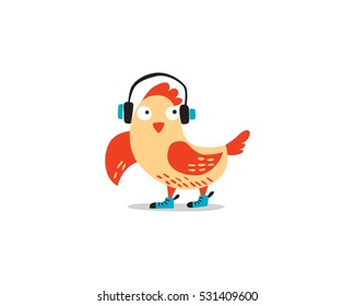 Fun cartoon chicken with ear pods vector illustration farm animal vector illustration.
