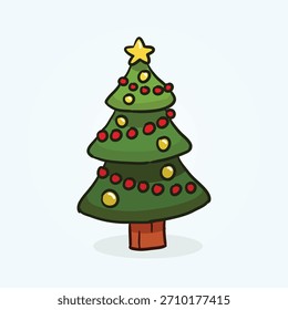 Fun cartoon Christmas tree with red and yellow ornaments, colorful lights, and shiny yellow star on soft blue background. Perfect for cards, posters, shirts, stickers, and social posts.