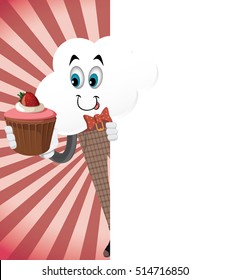 Fun Cartoon Cloud Character with CupCake behind blank white page for use in advertising, presentations, brochures, documents and forms, etc