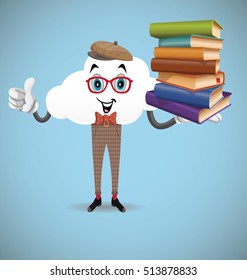 Fun Cartoon Cloud Character Holding Books on one hand. Education Concept.