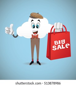 Fun Cartoon Cloud Character holding shopping bag to promote sales