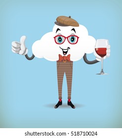 Fun Cartoon Cloud Character holding glass of red wine on Blue Background