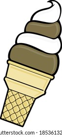Fun cartoon color illustration of chocolate and vanilla twist soft serve ice cream with cone. Illustrator eps vector graphic design.