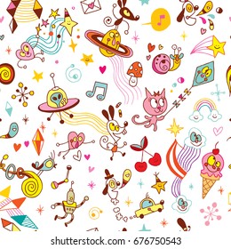 fun cartoon comic characters group seamless pattern