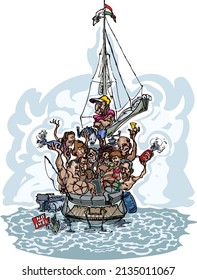 Fun cartoon of company on a sailing trip to warmer climate