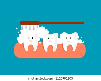 Fun cartoon concept with wash teeth with toothbrush. Vector illustration design.
