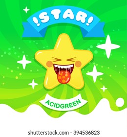 Fun Cartoon Crazy Yellow Star on Colorful Red Background Vector Illustration