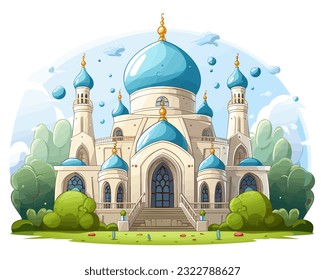A fun cartoon depiction of a mosque for Idul Adha with vibrant decorations