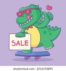 Fun Cartoon Dinosaur Character Riding Skateboard Holding Sale Sign, Vibrant and Playful cartoon Dinosaur Perfect For promotional materials, Social Media and posters