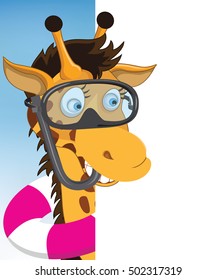 Fun Cartoon Diver Giraffe  looking at a blank white page for use in advertising, presentations, brochures, documents and forms, etc