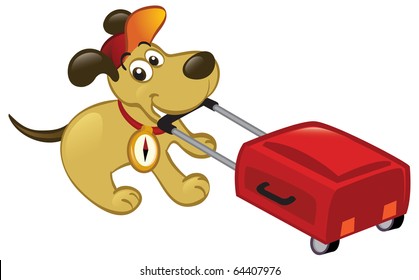 A fun cartoon dog pulling a luggage, ready to travel.