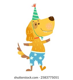 Fun cartoon dog with wearing birthday hat, smiling character for kids. Hand drawn whimsical animal design for children birthday party. Animal character colorful vector clip art illustration for kids