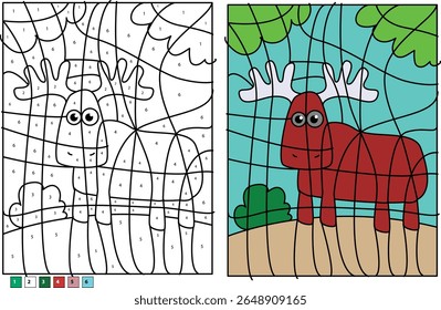 Fun Cartoon Elk or Moose Color by Number Activity Page for Kids and Adults. Engaging Educational Game with Simple Instructions and Vibrant Result. Perfect for Learning Colors and Numbers.