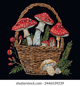 Fun cartoon embroidery style textured 3d fly agarics in basket pattern background illustration. Colorful beautiful decorative drawing poisonous mushrooms on black background. Grunge texture.