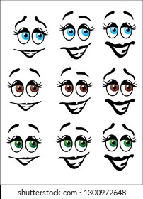 Fun cartoon emoji faces with happy expressions, with blue, brown and green eyes and expressive eyebrows.