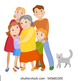 Fun cartoon family in colorful stylish clothes. Father, mother children grandmother and cat all together one family