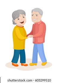 Fun cartoon family. Elderly heterosexual couple in colorful stylish clothes. Cheerful grandfather and grandmother spend time together