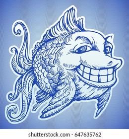 Fun cartoon fish with big smile on blue background with waves; RGB EPS 10 vector illustration