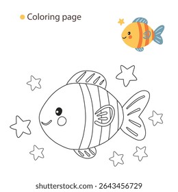 Fun cartoon fish coloring page with happy face and corner color preview – great for underwater-themed children's illustrations.