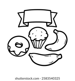fun cartoon food compilation with banner isolated drawing line style sketch classic vintage design illustration