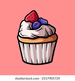 fun cartoon of fruit cupcake isolated colored drawing line art style sketch classic vintage design illustration