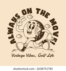 Fun cartoon golf character in motion with classic retro font and vintage color scheme