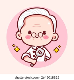 Fun cartoon grandpa chef holding a spatula, ready to cook. Great for kitchen labels, food content, or digital sticker packs.