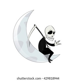 Fun cartoon Grim Reaper sitting on the moon , simple character spooky symbol. Halloween vector illustration.