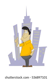 Fun cartoon guy holding his finger up showing that everything is fine. Vector illustration