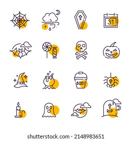Fun cartoon Halloween line art icons. Coffin, spider web, grave, ghost, magic potion and trick or treat. Pixel perfect, editable stroke