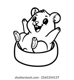 fun cartoon hamster on the bowl isolated drawing line art style sketch classic vintage design illustration