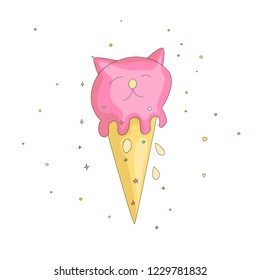 Fun cartoon ice cream illustration. Ice cream in cat style, with ears and eyes, fun cartoon pink ice cream scoop in cone with splashes. Magical fun cartoon girl fashion icon. Magic icon cat ice cream