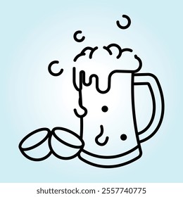 A fun cartoon illustration of a beer mug with frothy foam and peanuts.  A delightful image!