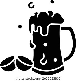 Uma divertida ilustração de desenho animado de uma caneca de cerveja com espuma espumosa e amendoim.  Uma imagem deliciosa!
