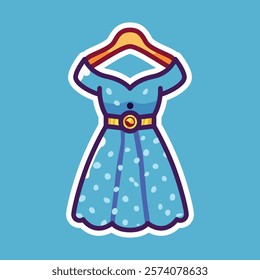 A fun cartoon illustration of a blue dress with a black belt and white polka dots, set against a white background. Perfect for fashion-themed designs and trendy artwork.