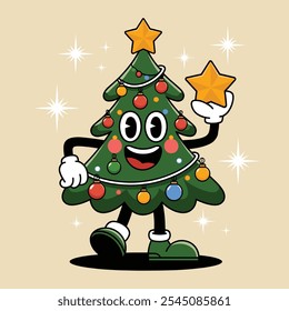 Lustige Cartoon-Illustration einer fröhlichen Weihnachtsbaum-Figur mit einem Stern, verziert mit Ornamenten und Lichtern, auf beigem Hintergrund.  
