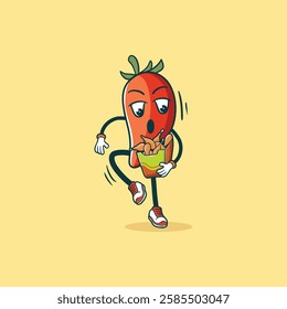 A fun cartoon illustration of a chili pepper character joyfully carrying a box of fried chicken.