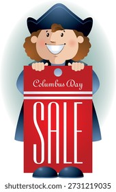 Una divertida ilustración de dibujos animados de Cristóbal Colón sosteniendo una Grande etiqueta roja que promociona una “Venta del Día de Colón”, diseñada para atraer a los compradores y resaltar las promociones temáticas del Día de Colón.