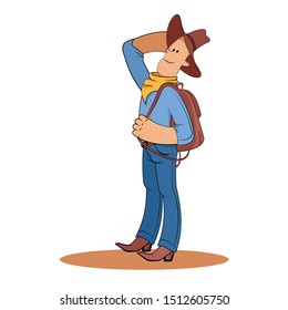 Fun cartoon illustration with a cowboy. Drawing for a children's card, poster, sticker, background. Farmer in a cowboy hat, boots with a backpack. Young cheerful guy vector illustration.
