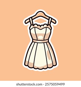 A fun cartoon illustration of a cream-colored dress, set against a peach background. Ideal for fashion-themed designs, clothing icons, and trendy artwork.