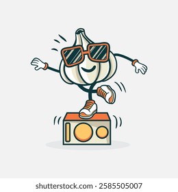 A fun cartoon illustration of a dancing garlic character wearing sunglasses atop a boombox.