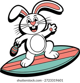 Eine lustige Cartoon-Illustration zeigt einen Osterhasen, der auf einem gestreiften Surfbrett surft, während er ein dekoratives Osterei hält.