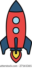 Una divertida ilustración de dibujos animados de un cohete rojo con aletas azules, perfecto para contenido infantil, diseños con temática espacial, materiales educativos y obras de arte de ciencia ficción lúdicas.