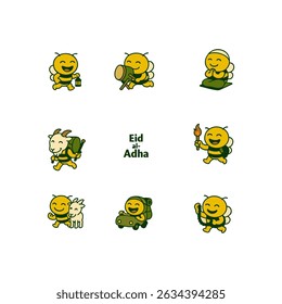 Fun cartoon illustration set featuring bees celebrating Eid al-Adha with a goat, drums, and prayers, perfect for holiday cards or festive designs. These delightful vector graphics bring a whimsical to