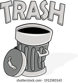 Fun Cartoon Illustration Of A Silver Gray Dented Metal Garbage Can With A Lid, Handle Leaning Against It And The Word Trash In Comic Style Text Floating Above. Illustrator Eps Vector Graphic Design.