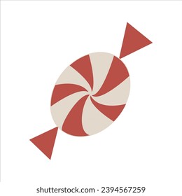 Fun cartoon illustration of single classic red and white striped peppermint candy cane. Christmas decoration. Illustrator eps vector graphic.