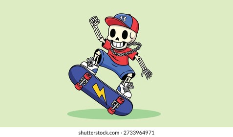 A fun cartoon illustration of a skeleton character wearing a cap and casual clothes, actively skateboarding and performing a trick.