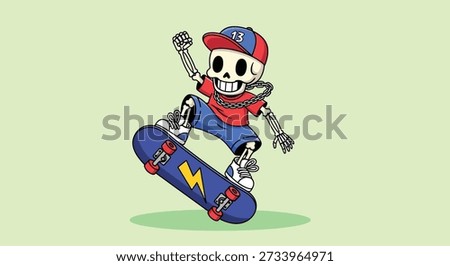 A fun cartoon illustration of a skeleton character wearing a cap and casual clothes, actively skateboarding and performing a trick.