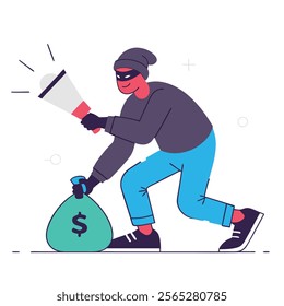 A fun cartoon illustration of a sneaky burglar with a green money bag. Perfect for websites, children's books, cartoons, 